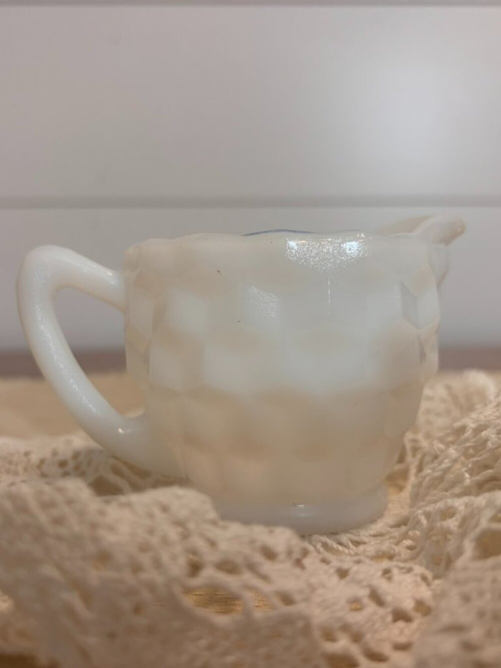 VTG Opaque Milk Glass Mini Pitcher Creamer with Geometric Design Hazel-Atlas